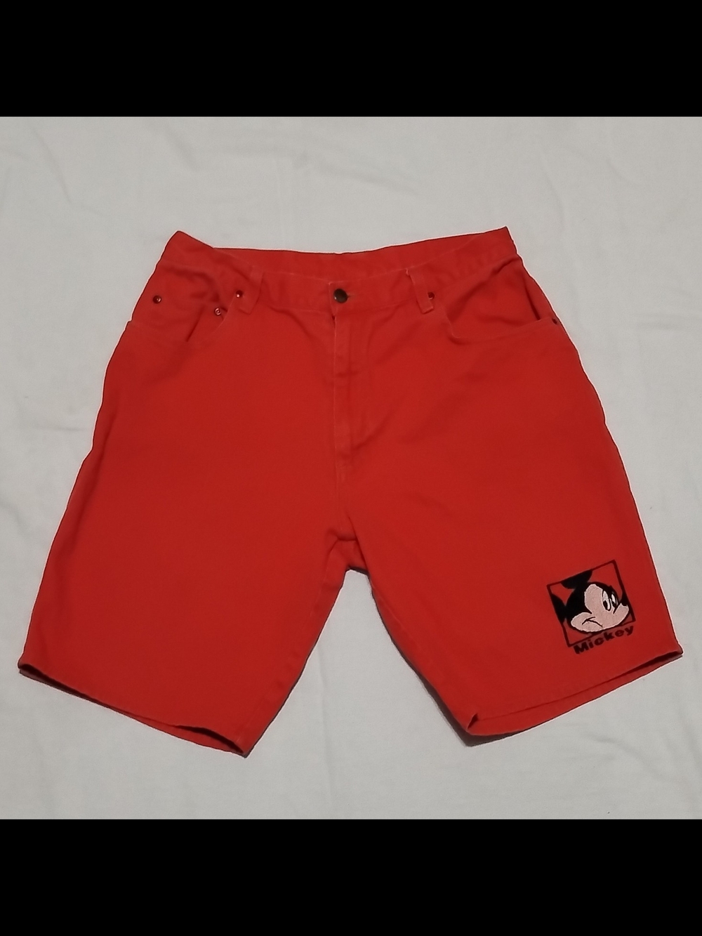 Vintage 90s Mickey Unlimited Red Denim Jean Shorts Men's Size 34 Disney Jorts